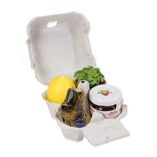 Das Gelbe vom Ei - mit Tontöpfchen, Eierkerze, Marmelade und Schokohase