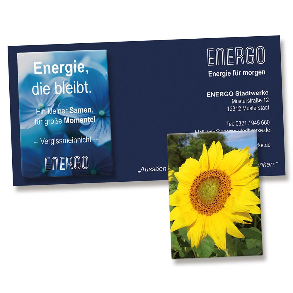 Samentütchen auf Werbekarte - Sonnenblumen