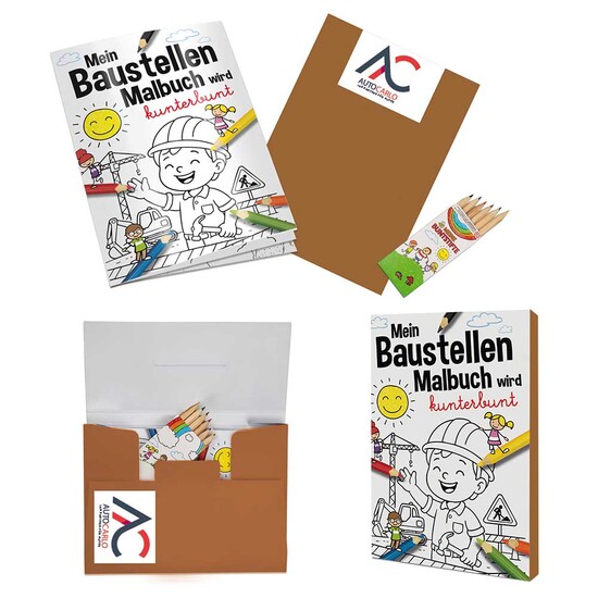 Malbuch / Mal-Set A6 - Baustelle - Malset mit 2-c Logoeindruck
