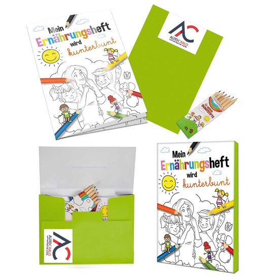 Malbuch / Mal-Set A6 - Ernährung - Malset mit 2-c Logoeindruck