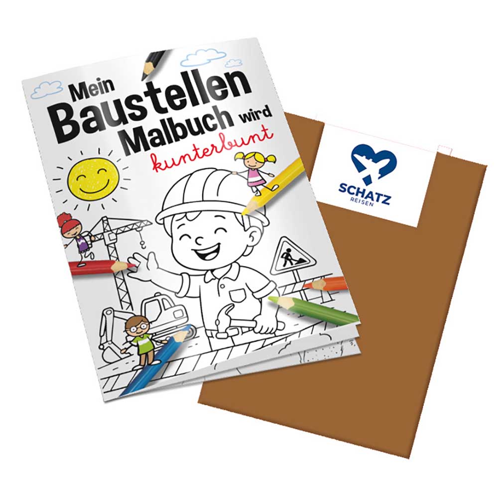 Malbuch / Mal-Set A6 - Baustelle - Malbuch mit 1-c Logoeindruck