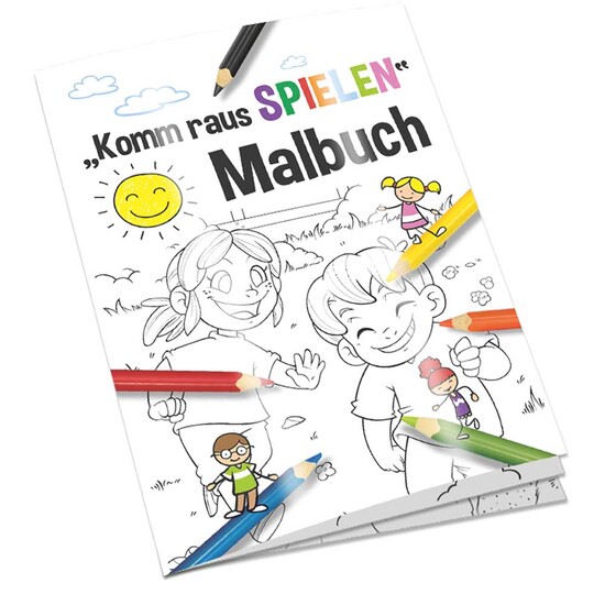Malbuch / Mal-Set A6 - Komm-raus-spielen - Malbuch mit 2-c Logoeindruck