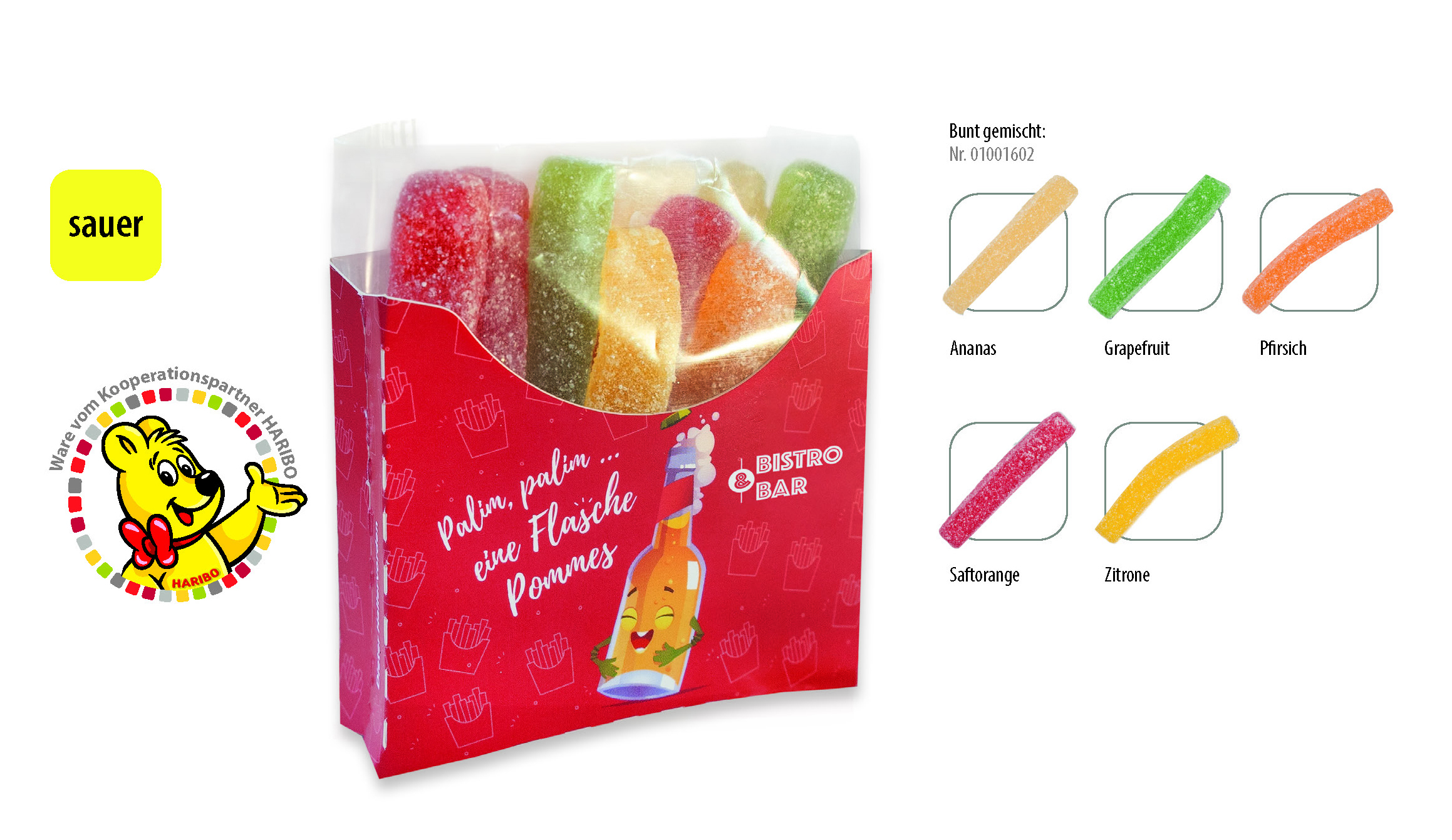 HARIBO Saure Pommes Tüte in Werbebox, Inhalt: HARIBO Saure Pommes