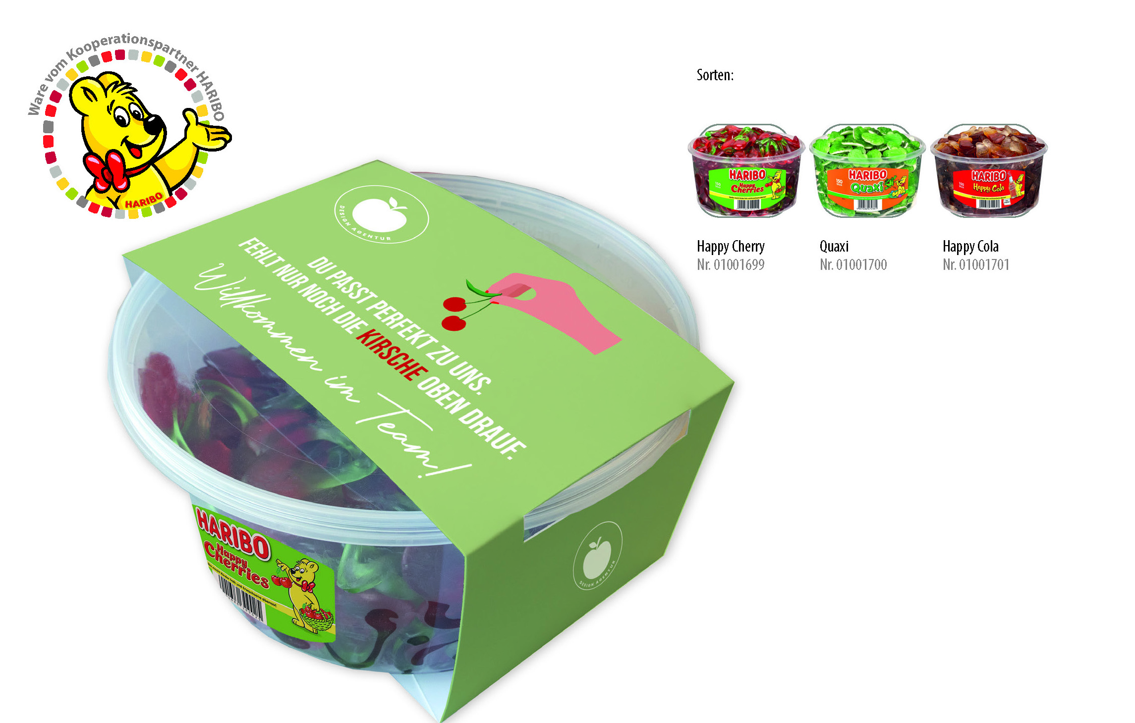 HARIBO Runddosen mit Kartonbanderole, Inhalt: HARIBO Happy Cherry