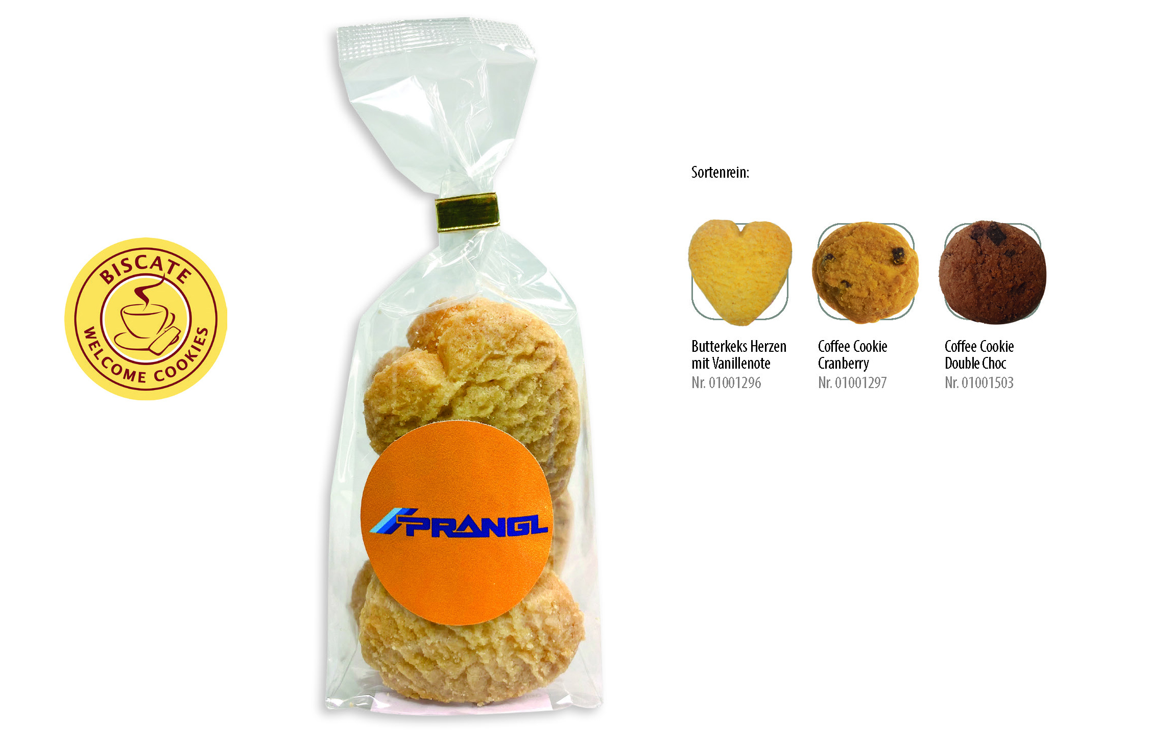 Cookies Bodenstandbeutel mit Werbeaufkleber, Inhalt: Butterkeks Herzen