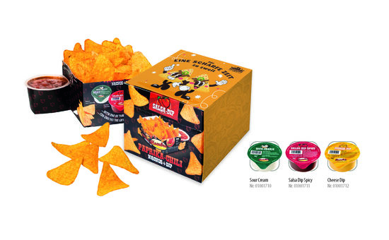 Nacho Box im Schuber, Inhalt: Nachos Paprika-Chili, Cheese Dip