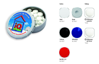 Klick-Dose-45, Inhalt: Pfefferminz-Pastillen; zuckerfrei - ca. 12 g - Ø 45 mm, Höhe 14 mm - blank