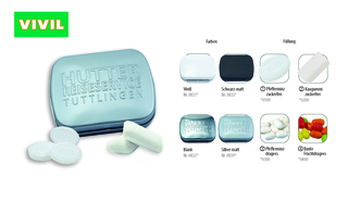 Klapp-Dose-59 geprägt, Inhalt: Pfefferminzdragees (Dose) - ca. 20 g - 59 x 46 x 18,5 mm - silber-matt