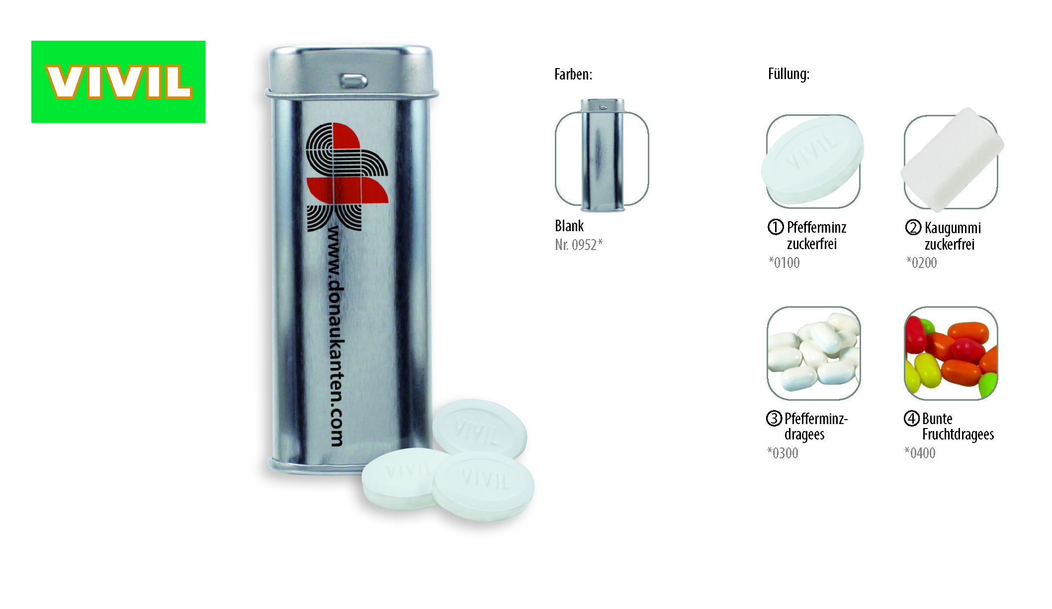 Pocket Box, Inhalt: Kaugummi Dragees zuckerfrei (Dose)