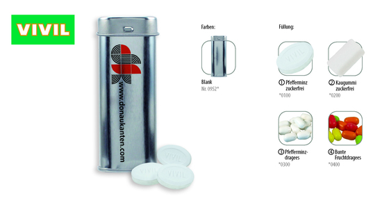 Pocket Box, Inhalt: Pfefferminzdragees (Dose)