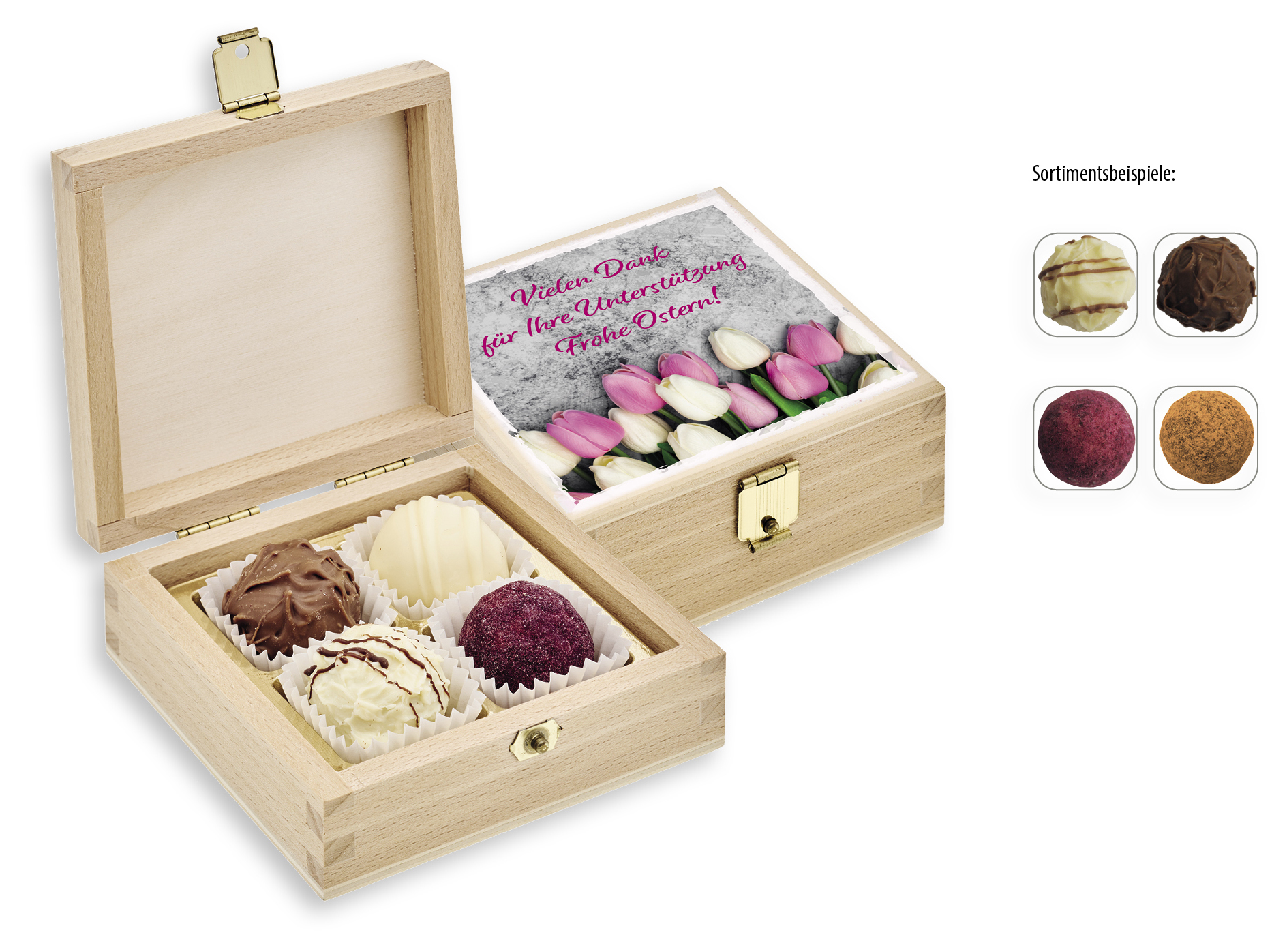 4er Pralinen-/Trüffelmix in Holzbox, Inhalt: Pralinen/Trüffel mit Alkohol