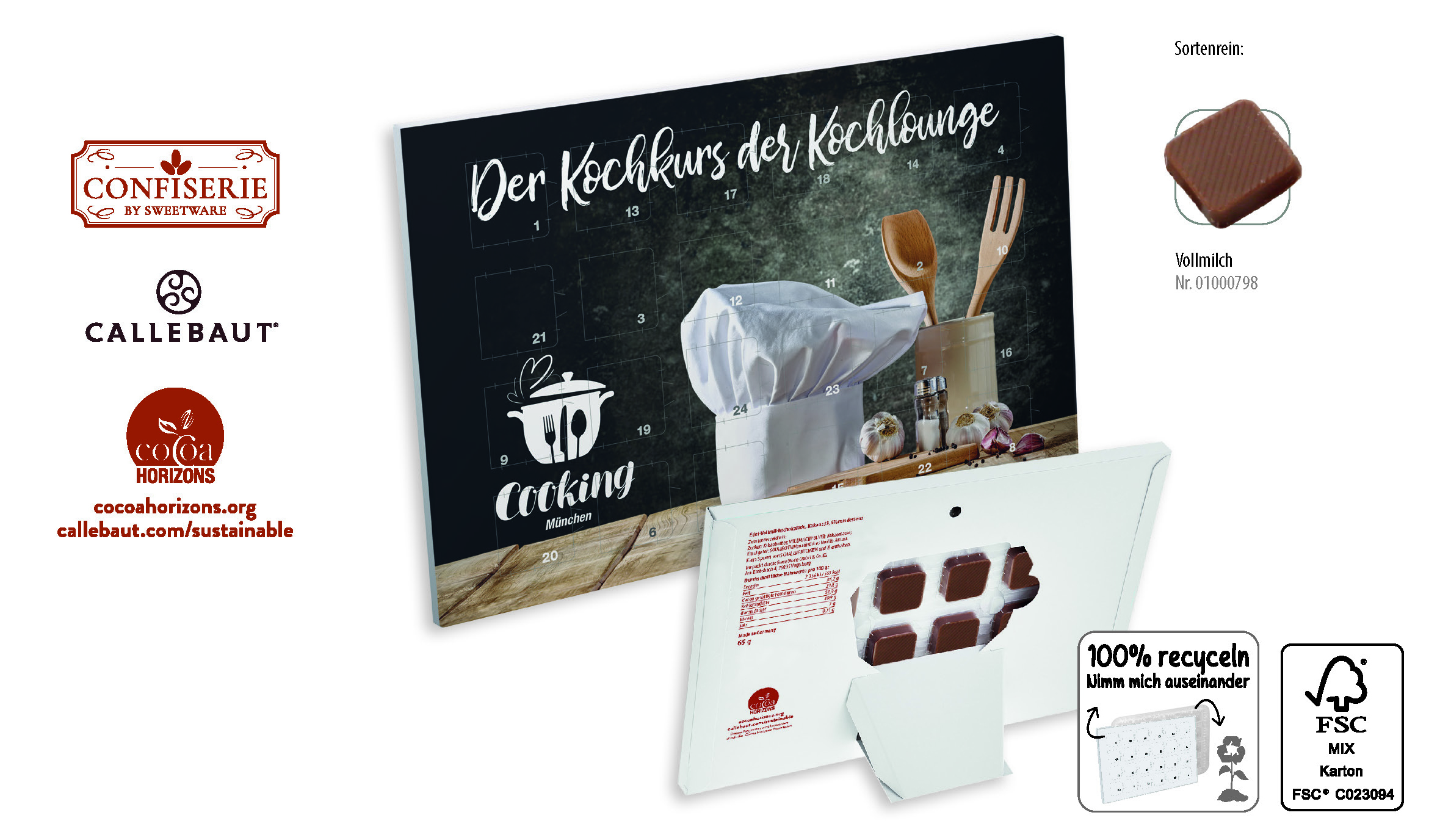 Countdown-Eventkalender Tischkalender, Inhalt: Callebaut Vollmilch Schokolade Kalender