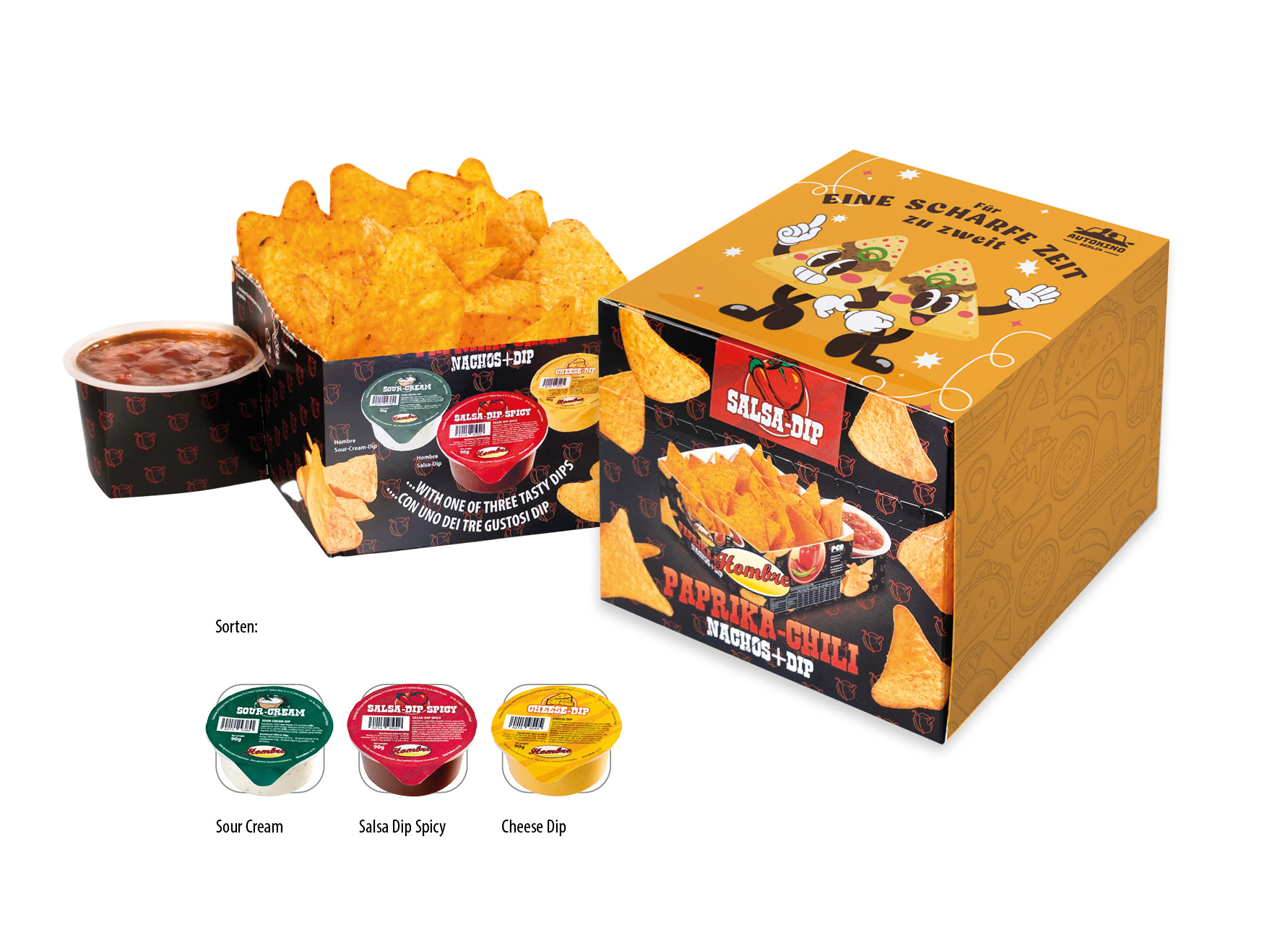Nacho Box im Schuber, Inhalt: Nachos Paprika-Chili, Sour Cream ca. 100 g + 90 g (Dip)