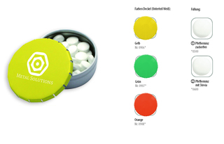Klick-Dose-45 Duo Colour, Inhalt: Pfefferminz-Pastillen; Stevia ca. 12 g Pfefferminz-Pastillen; Stevia gelb / weiß