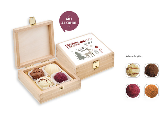 4er Pralinen-/Trüffelmix in Holzbox, Inhalt: Pralinen/Trüffel mit Alkohol