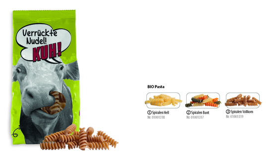 BIO Pasta im Bodenstandbeutel, Inhalt: Bio Spiralen Bunt 14251 ca. 200 g