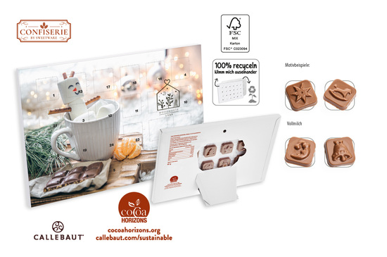 Tisch Adventskalender individuell bedruckt, Inhalt: Callebaut Vollmilch Schokolade Kalender ca. 60 g