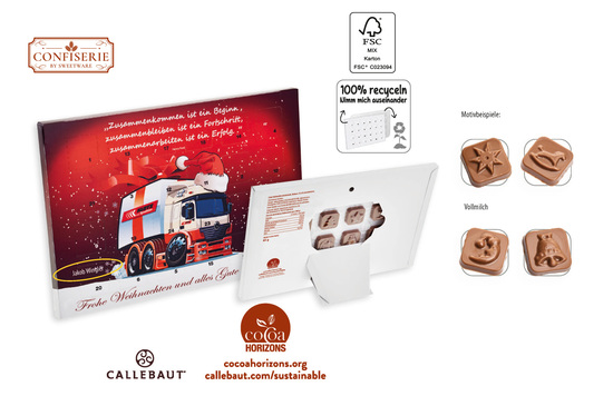 Tisch Adventskalender personalisiert, Inhalt: Callebaut Vollmilch Schokolade Kalender ca. 60 g