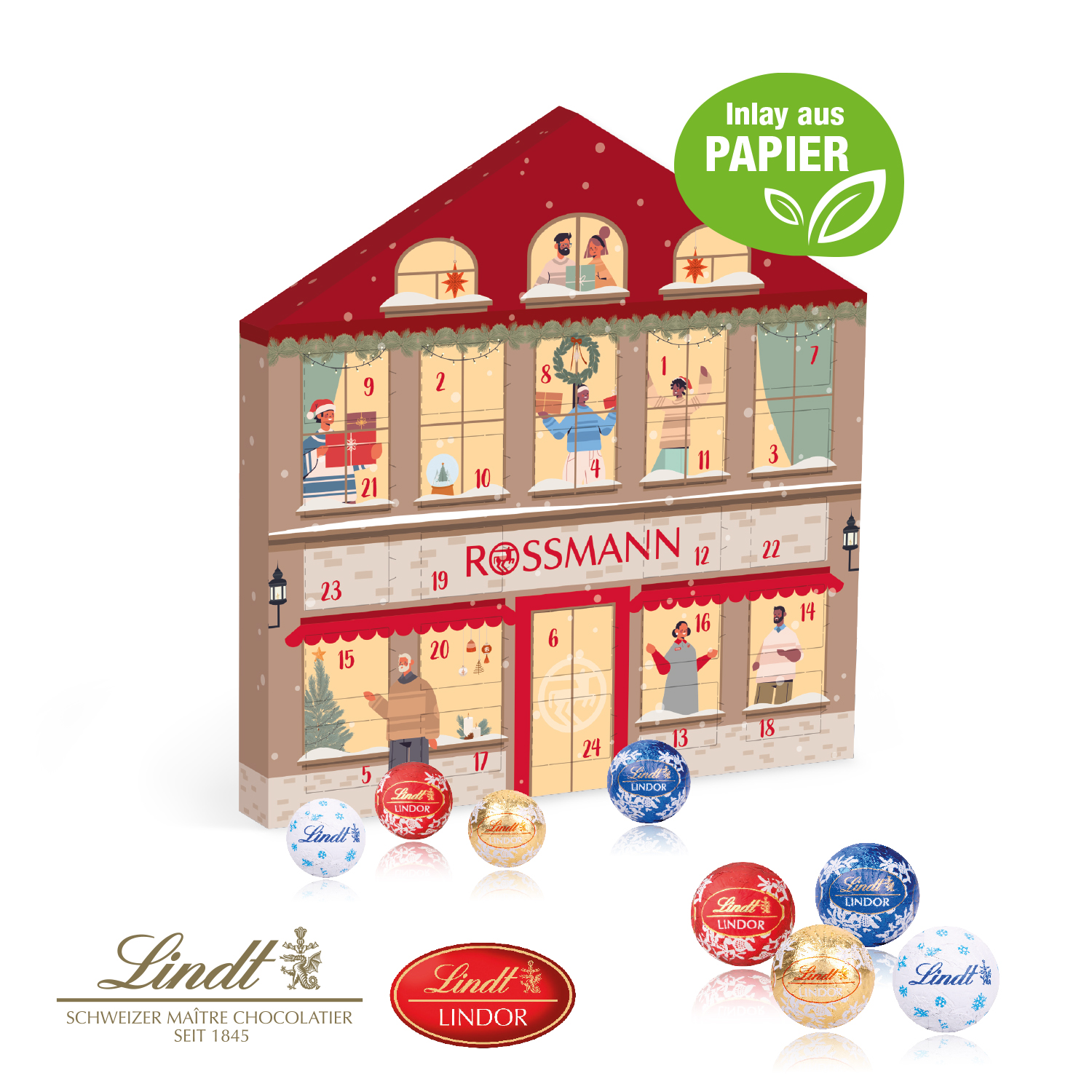 Adventskalender Weihnachtshaus "Exklusiv" mit Lindt Minis, Inlay aus Papier