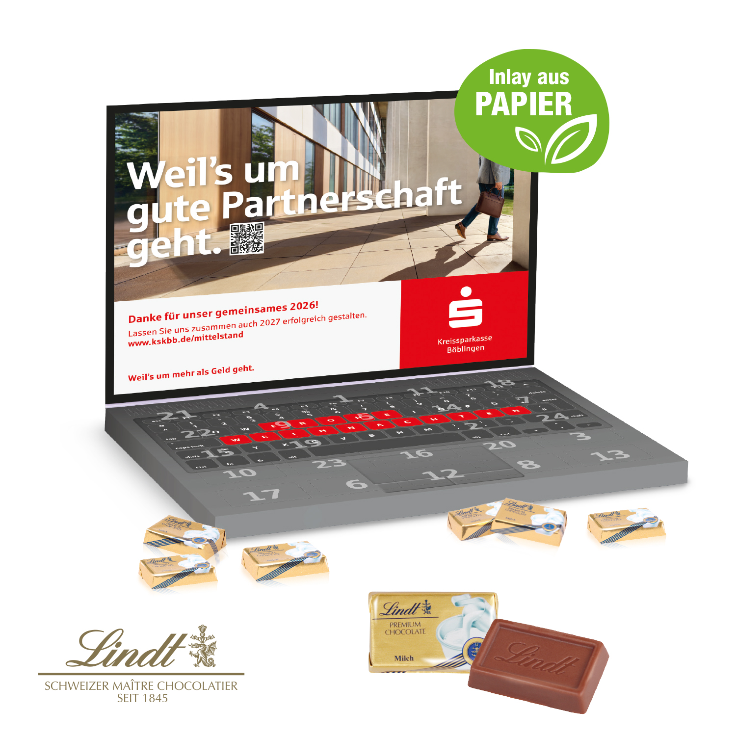 Adventskalender "Laptop" mit Lindt Schokolade, Inlay aus Papier
