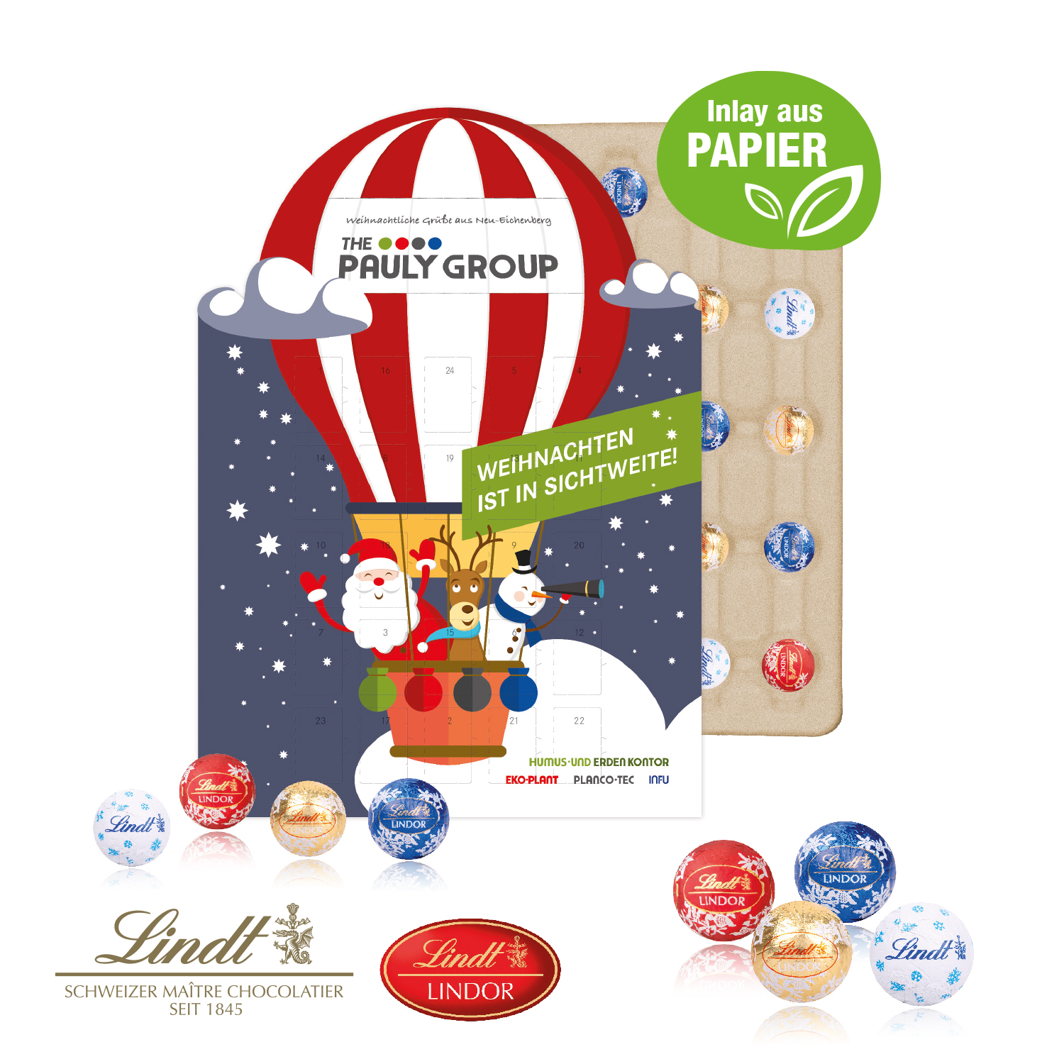 Adventskalender "individuelle Kalenderform" mit Lindt Schokolade, Inlay aus Papier
