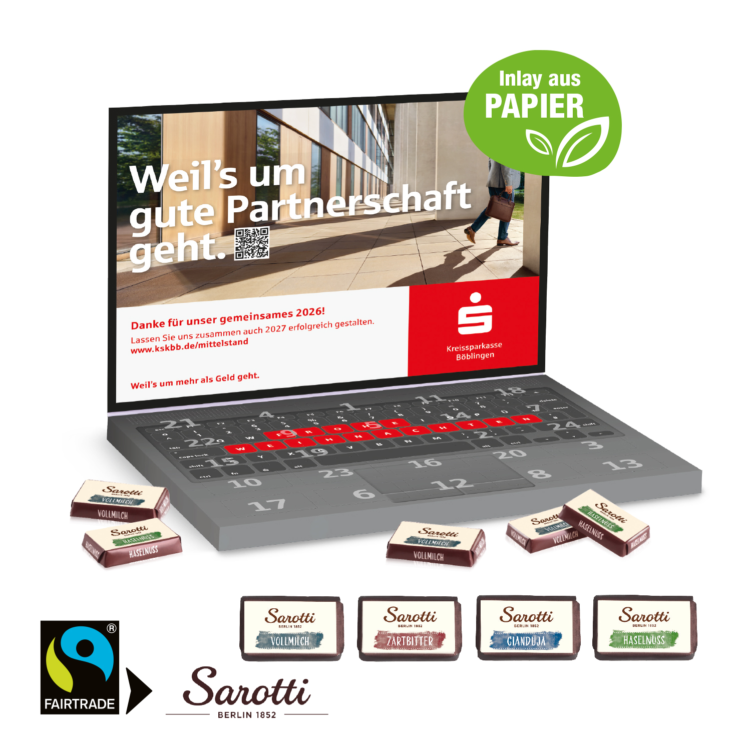 Adventskalender "Laptop" mit Sarotti Fairtrade® Schokolade, Inlay aus Papier