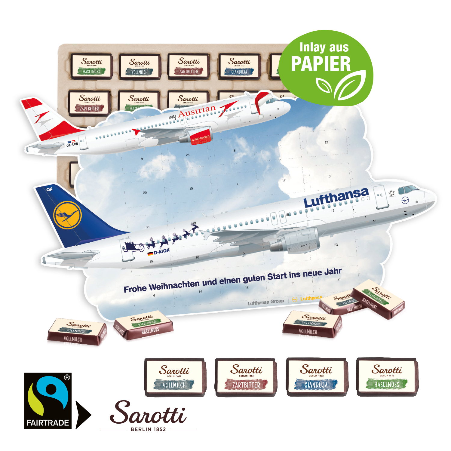 Adventskalender "individuelle Kalenderform" mit Sarotti Fairtrade® Schokolade, Inlay aus Papier