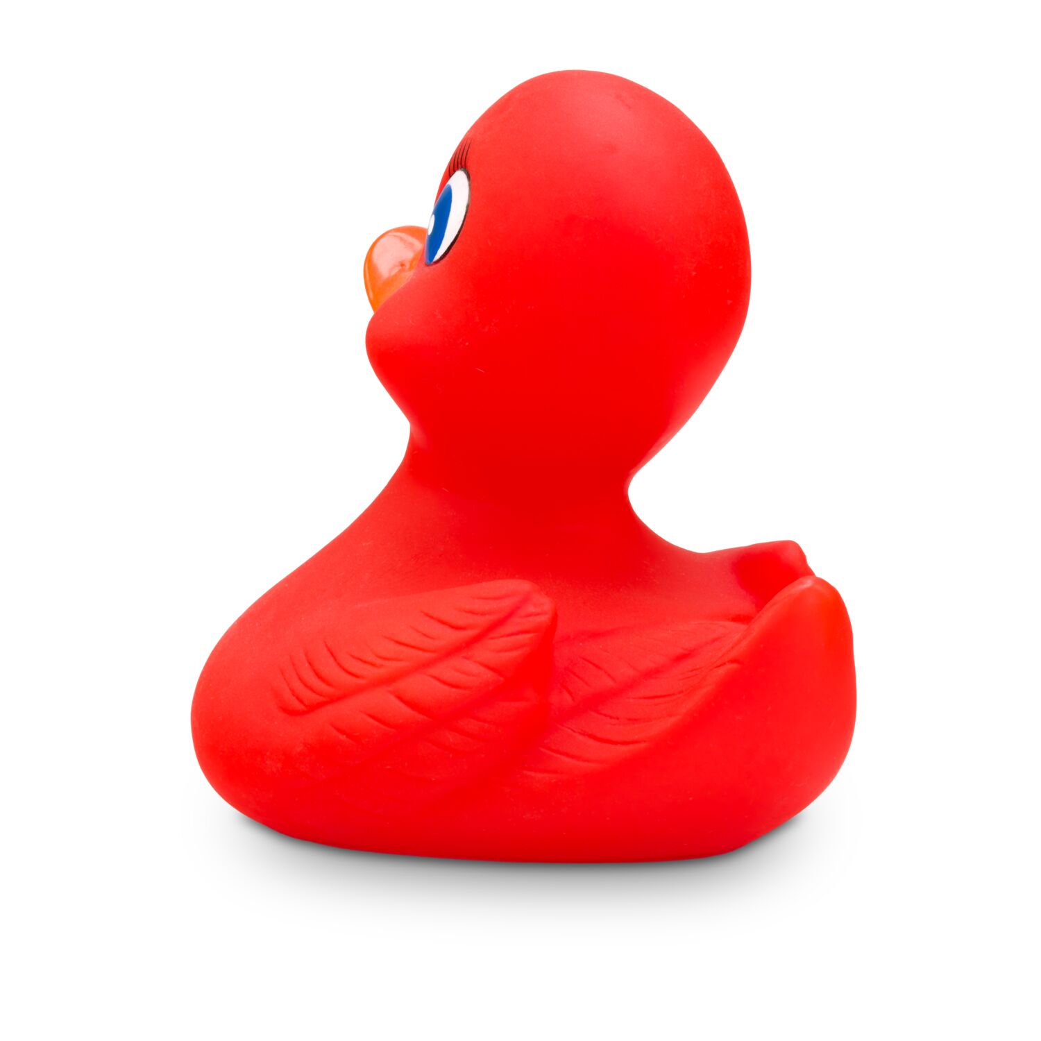 rote Badeente Ruby mit orangenem Schnabel, Wimpern und blauen Augen. Größe: ca. 10 cm. Inklusive Quietschventil