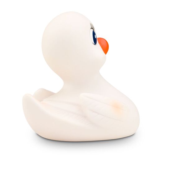 weiße Badeente Wendy mit orangenem Schnabel, Wimpern und blauen Augen. Größe: ca. 10 cm. Inklusive Quietschventil