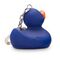 blaue Badeente Boris XSmit orangenem Schnabel im Mini-Format. Größe: ca. 5 cm, inklusive Quietschventil und Schlüsselanhänger
