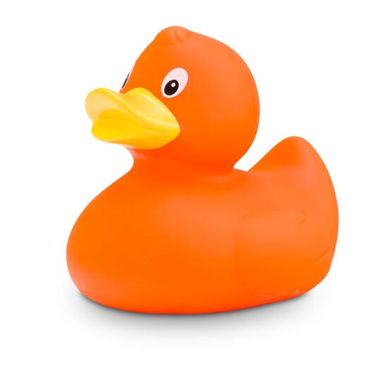 orangene Werbeente Clementine mit gelbem Schnabel, Größe: ca. 8 cm. Inklusive Quietschventil