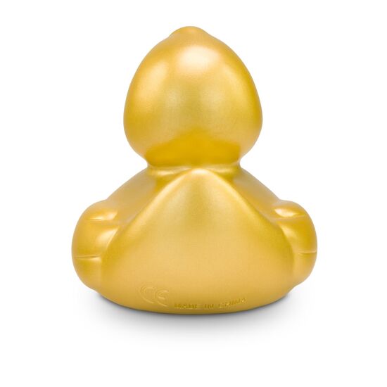 goldene Werbeente Goldmarie mit orangenem Schnabel in Standardform, Größe: ca. 8 cm. Inklusive Quietschventil