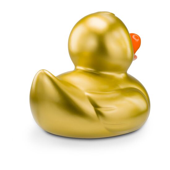 goldene Werbeente Goldmarie XXL in Großformat mit orangenem Schnabel, Größe: ca. 30 cm. Inklusive Quietschventil