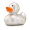 silberne Werbeente Sylvie mit orangenem Schnabel in Standardform, Größe: ca. 8 cm. Inklusive Quietschventil