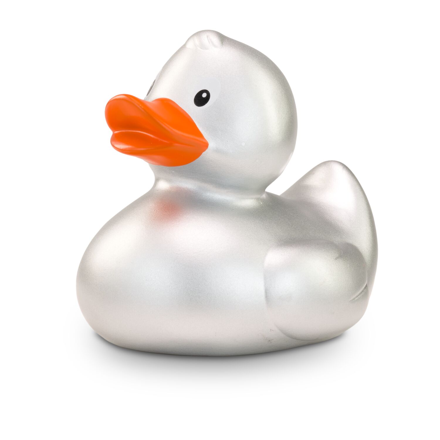 silberne Werbeente Sylvies Mini mit orangenem Schnabel, Größe: ca. 6 cm. Inklusive Quietschventil