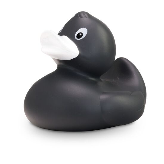 anthrazite Werbeente Aaron Anthrazit mit weißem Schnabel in Standardform, Größe: ca. 8 cm. Inklusive Quietschventil