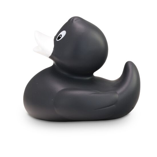 anthrazite Werbeente Aaron Anthrazit mit weißem Schnabel in Standardform, Größe: ca. 8 cm. Inklusive Quietschventil