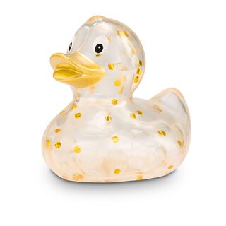 transparente Werbeente Fine Funkelgold mit goldschimmerndem Glitzer-Konfetti, Größe: ca. 8 cm. Inklusive Quietschventil