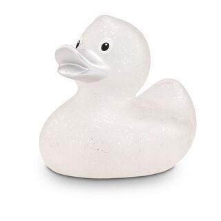 transparente Werbeente Silke Silberglitze mit silbernen Glitzerpartikeln und silbernem Schnabel, Größe: ca. 8 cm. Inklusive Quietschventil