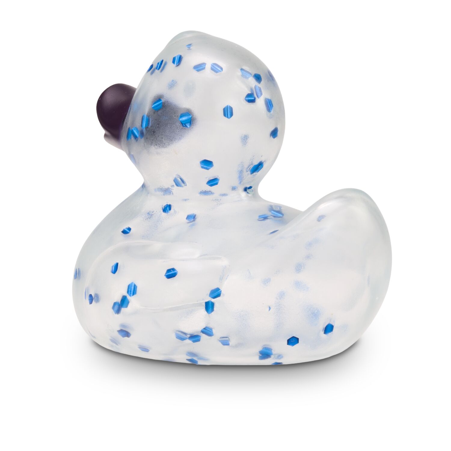 transparente Werbeente Bibi Blauglitzer mit blauem Glitzer-Konfetti und royalblauem Schnabel, Größe: ca. 8 cm. Inklusive Quietschventil