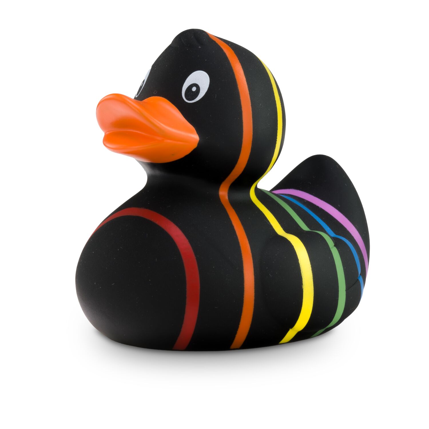 schwarze Badeente Rebecca Regenbogen mit sechs Streifen in Pink, Blau, Grün, Gelb, Orange und Rot, Größe: ca. 8 cm. Inklusive Quietschventil
