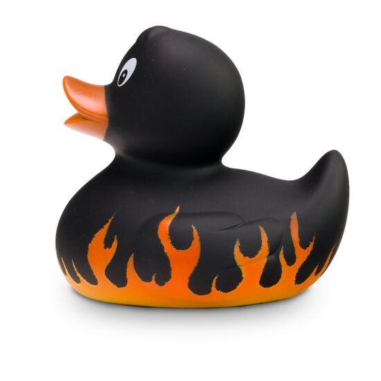 mattschwarze Werbeente Frank Flamme mit Flammenprint, Größe: ca. 8 cm. Inklusive Quietschventil