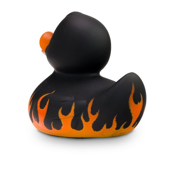 mattschwarze Werbeente Frank Flamme mit Flammenprint, Größe: ca. 8 cm. Inklusive Quietschventil