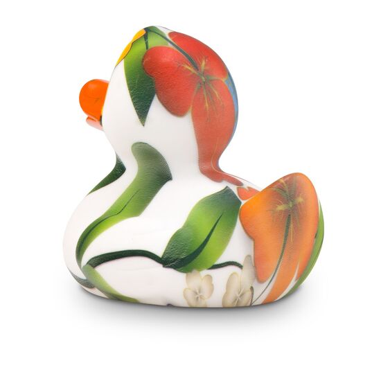 bunte Werbeente Fiona Flower, Größe: ca. 8 cm. Inklusive Quietschventil