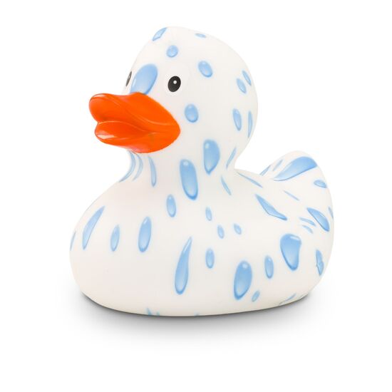 weiße Werbeente Tommy Tropfen mit vielen Wassertropfen und orangenem Schnabel, Größe: ca. 8 cm. Inklusive Quietschventil