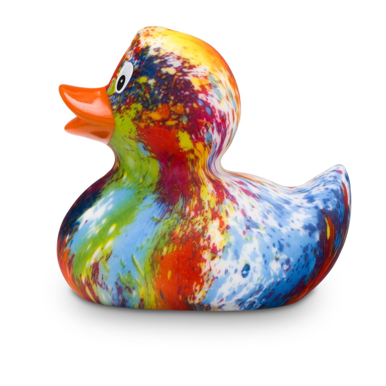 bunte Werbeente Kathrin Kunterbunt mit orangenem Schnabel, Größe: ca. 8 cm. Inklusive Quietschventil