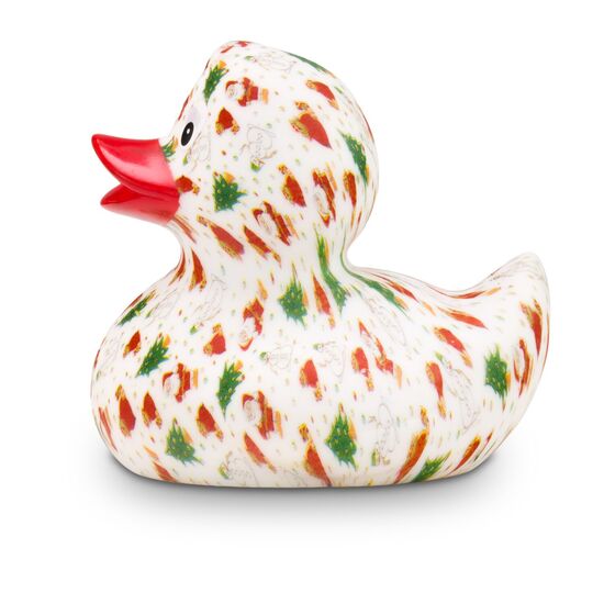 weiße Werbeente Tanja Tannenbaum mit vollflächigen Druckmotiv im rot-grünen Design mit rotem Schnabel, Größe: ca. 8 cm. Inklusive Quietschventil