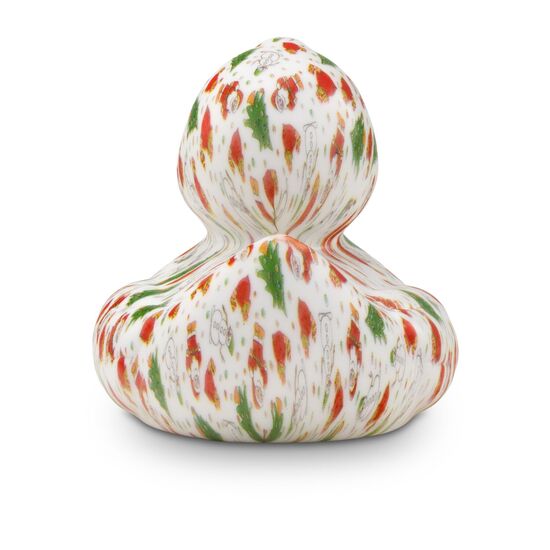weiße Werbeente Torsten Tannenbaum mit vollflächigen Druckmotiv im rot-grünen Design mit grünem Schnabel, Größe: ca. 8 cm. Inklusive Quietschventil