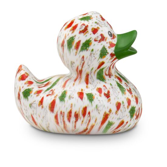 weiße Werbeente Torsten Tannenbaum mit vollflächigen Druckmotiv im rot-grünen Design mit grünem Schnabel, Größe: ca. 8 cm. Inklusive Quietschventil
