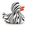 schwarz-weiße Werbeente Zoe Zebra mit orangenem Schnabel in Standardform, Größe: ca. 8 cm. Inklusive Quietschventil